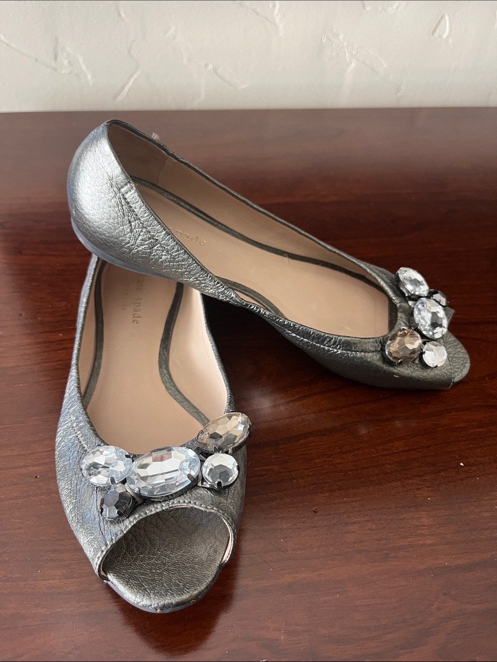 Kate Spade Silver Jeweled Peep-Toe Flats